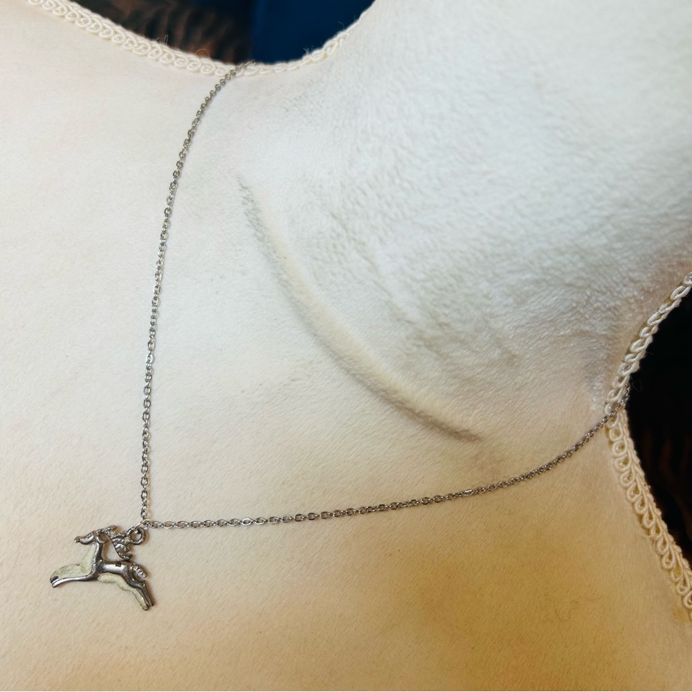 Handcrafted vintage sparkle enamel reindeer pendant on chain necklace